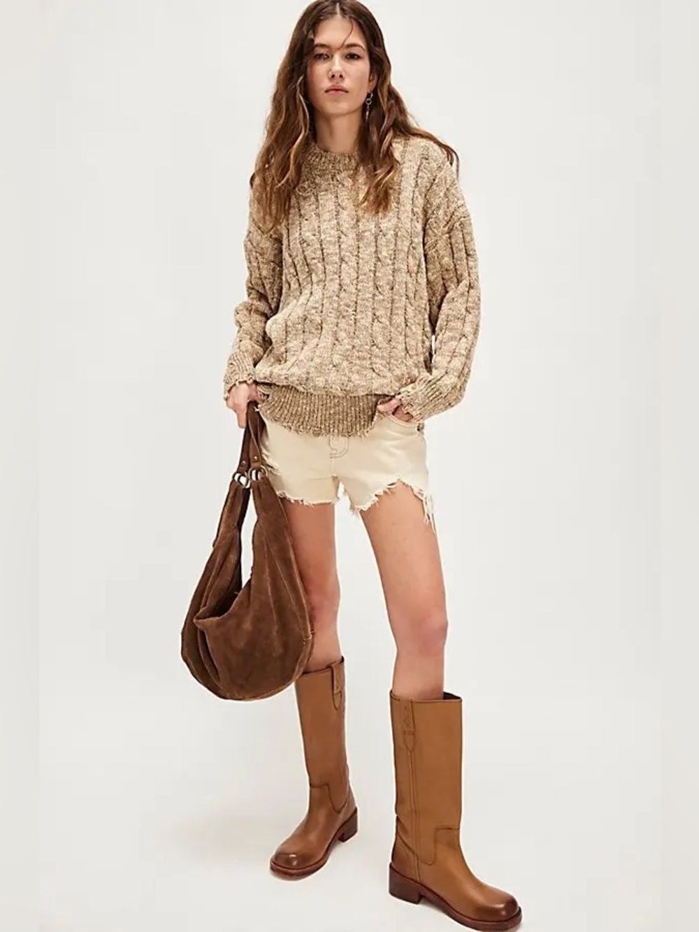 Denimist Oversized Cable Sweater Cotton Distressed Tan Marled Small
